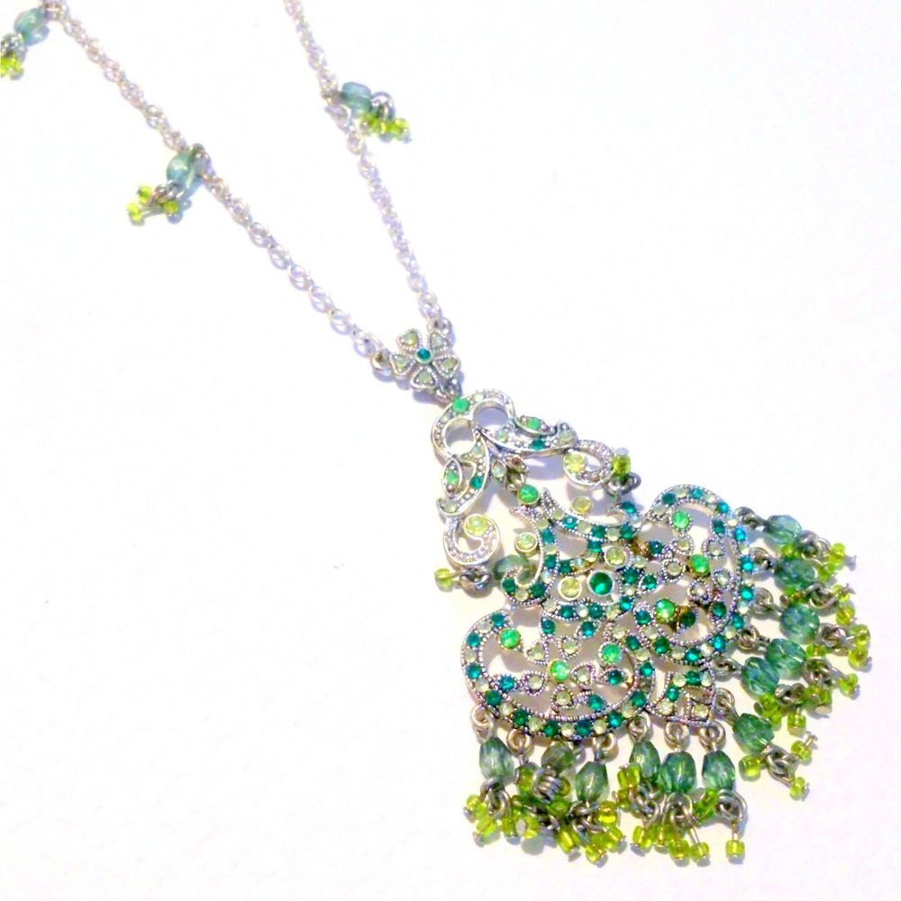 Signed DB Ornate Silver Tone Articulated Green Rhinestone Pendant Necklace *